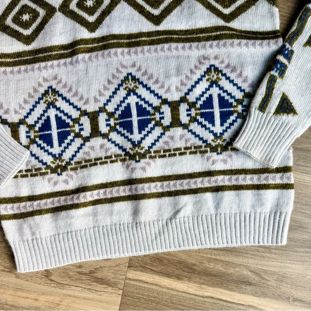 J.Crew Fair Isle Abstract Geometric Knit Sweater Gray Blue Olive‎ – Size Small